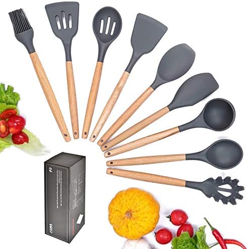 Silicone Cooking Utensils Kitchen Utensil Set, 9 Pieces Non-Stick Kitchen Utensils Cooking Tool Set BPA Free with Natural Hard Wood Handle - Best Kitchen Gadgets Tools Set (Black)