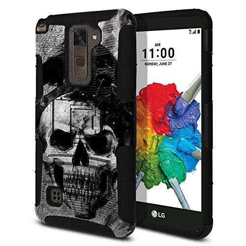 LG Stylus 2 Plus Stylo 2 Plus MS550 K550 K530 K535 Case, Fincibo (TM) Dual Layer Hybrid Armor Heavy Duty Hard Protector Cover Built-in Kickstand Stand Soft TPU Skin, Gray Skull Raven