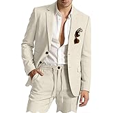 Retro Linen Mens Suit 2 Piece Slim Fit Sets Tuxedo Linen Jacket Drawstring Pant Vintage Blazer Set Prom Wedding Suits for Men