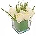 MyGift Artificial Ivory Roses in Square Glass Vase, Faux Flower Arrangements