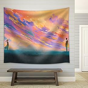 Man and Woman Standing Opposite of Each Other Against Colorful Sky,Illustration Painting - Fabric Wall Tapestry Home Decor - 51x60 inches
