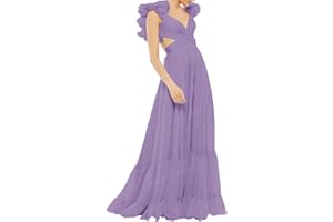 Lawrncedw Chiffon Ruffle Prom Dresses for Women V Neck Long Bridesmaid Dresses Backless Formal Evening Gowns A Line