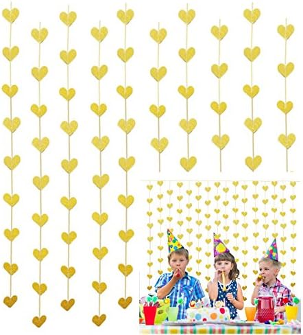 Gold Glittery Heart Garland Decoration Banner Sparkling 14 Ft Party Supplies Background Decor. Great For Parties,Weddings,Birthdays,Bridal Showers,Holidays,Baby Showers Etc.