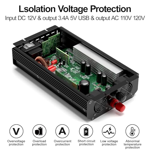 3000W Power Inverter 12V DC to 110V/120V AC, 6000W Peak Car Inverter with 2 AC Outlets, 2.4A USB Port & LCD Display, Portable Backup Power Converter for RV, Truck, Solar, Camping, Off-Grid & Emergency