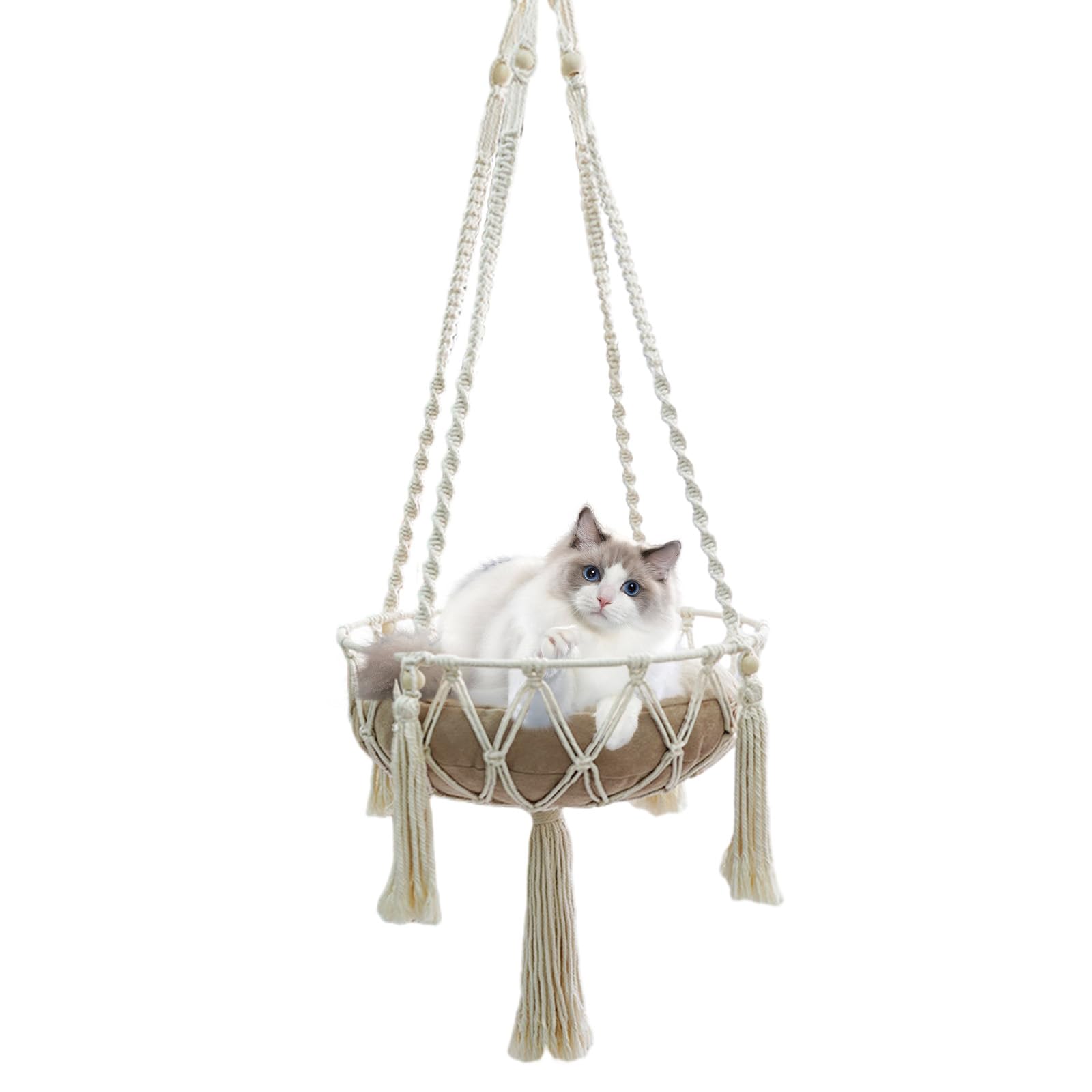 NCONCO Hand Knitting Hanging Cat Hammock Macrame Cat Hanging Bed Cat Basket Bed for Indoor Outdoor Playing, Sleeping, Climbing (White)