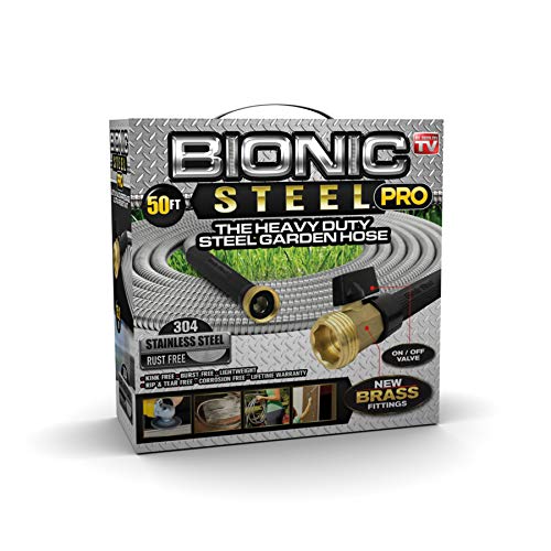 Bionic Steel PRO Garden Hose - 304 Stainless Steel Metal 50 Foot Garden Hose - Heavy Duty Lightweight, Kink-Free, and Stronger Than Ever with Brass Fittings and On/Off Valve - 2019 Model