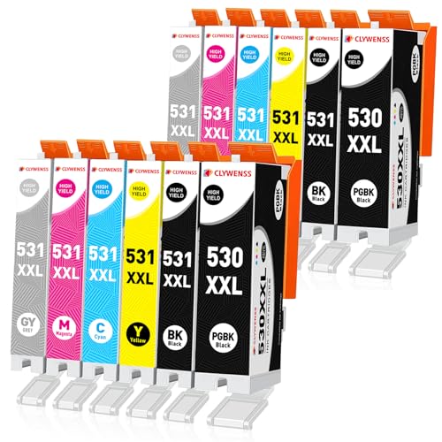 Clywenss PGI-530 CLI-531 XXL Printer Cartridges Compatible with Canon 530 531 PGI530 CLI531 Cartridges for TS8750 TS8751 TS-8750 TS-8751 TS-8751 Tinten, Pack of 12