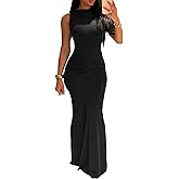 magorange Women Sexy Sleeveless Maxi Dress Ruched Crew Neck Bodycon Long Tank Party Dress Club Outfits