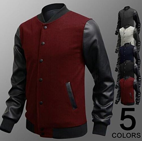 Junsi ]Men Casual Baseball Uniform Long Sleeved PU Leather Splicing Cotton Coat Jacket Color Navy Size L