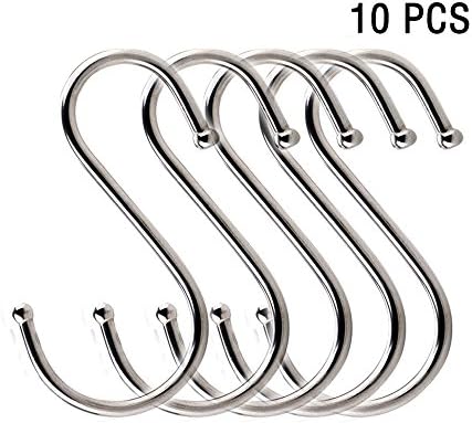 [10 Pack] Ably Size medium S hooks heavy-duty stainless steel S shaped hanging hooks, for hanging metal kitchen pot pan hanger storage rack closet S type hooks multiple uses.