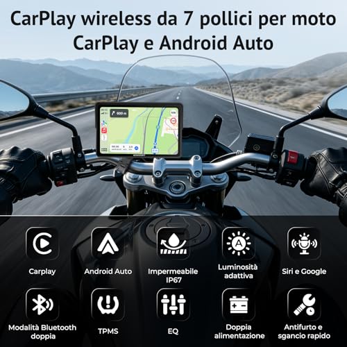 Wonsidary W722TPMS Schermo CarPlay Moto 7" Wireless con Android Auto Moto,TPMS,Display GPS Moto Impermeabile IP67,Audio Bluetooth Doppio,Controllo Vocale,EQ,Sensore di Luce,Alimentazione USB/ACC