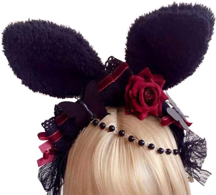 Gothic Headpieces for Women Rabbit Ears Headbands Black Lace Lolita