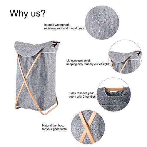 Hosroome Bamboo Laundry Hamper with Lid Laundry Baskets with Handles Waterproof Foldable Hamper Easily Transport Laundry,Grey - Thumbnail 3