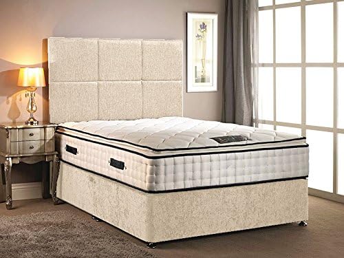Somnior Beds Divan Bed chenille fabric with High Pillow top 30cm Deep mattress with four drawers with headboard in different size variation (Cream, 5FT KING)