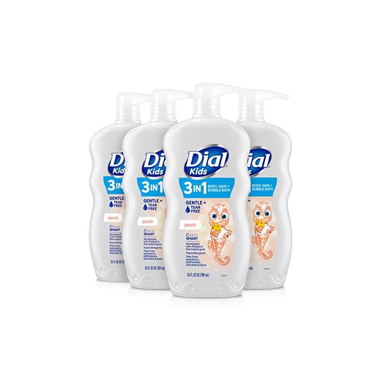 Dial Kids 3-in-1 Body + Hair + Bubble Bath, Peach, 24 fl oz (Pack of 4)