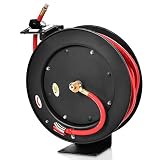 Goplus Retractable Air Hose Reel, Wall Mount Auto Rewind Hose-Reel, Heavy Duty Steel Construction, Industrial Grade Rubber Hose, Max.300 PSI (3/8" x 50' Hose, Black)