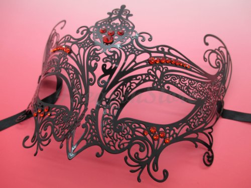 Black Queen Laser Cut Venetian Halloween Masquerade Mask Costume Inspire Design - Black w/ RED Rhinestones