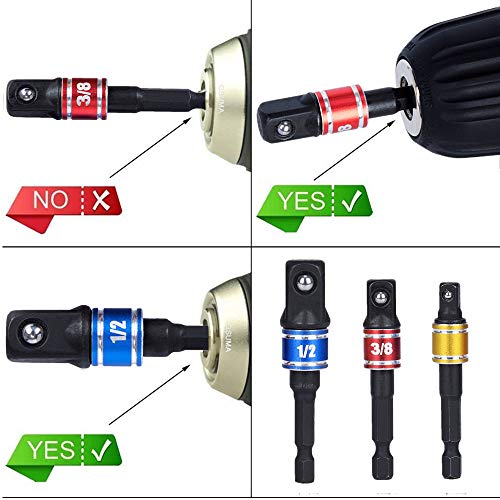 105 Degree Right Angle Screwdriver set Drill Hex Bit Socket Adapter,3Pcs 1/4 3/8 1/2" Universal Socket Adapter Set,Right Angle Drill+Impact Grade Driver Sockets Adapter Extension Set Drill Bit - Thumbnail 7