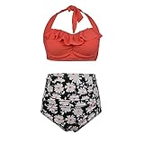 PZZ Plus Size High Waisted Swimsuit Flouncing Retro Flower Printed Beachwear Two Pieces Bathing suits Bikini Set
