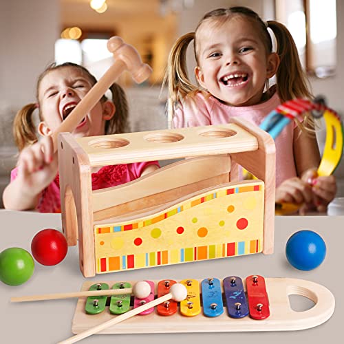 AMSWORD Colorful Wood Tap Xylophone Ball Drop Toy Bench Baby Musical Instruments Slide Rainbow