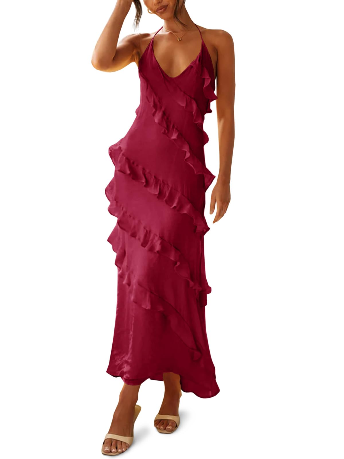 Halter Low Back Chiffon Maxi Sexy Dress Cabernet