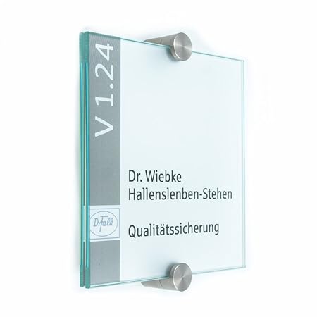 Türschild Glas für Büro, Vitrum K, 130/130 mm, 2 Edelstahl Klemmhalter
