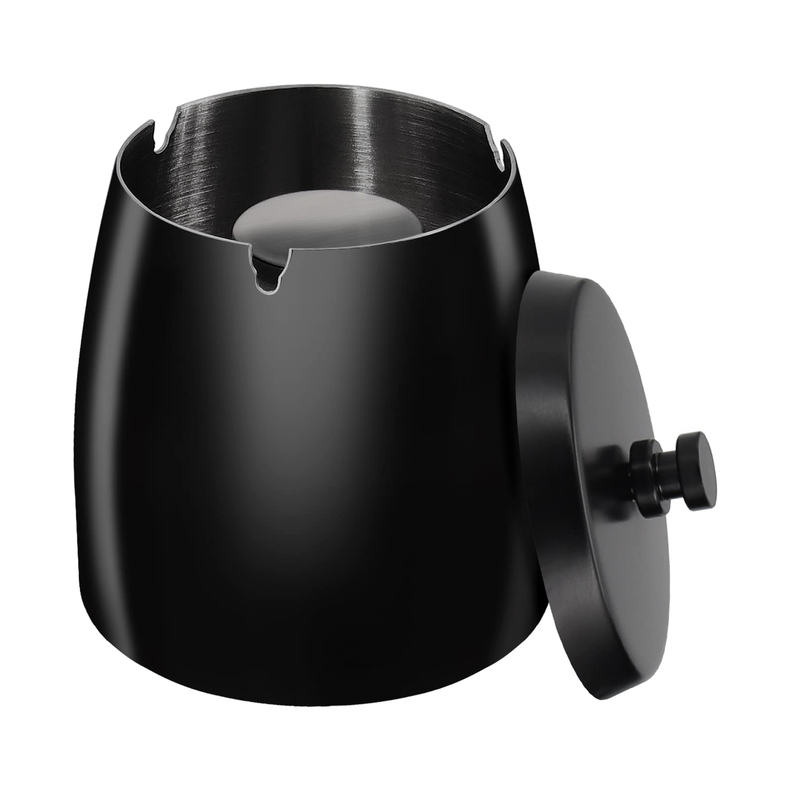 HONZUEN Stainless Steel Ashtray with Lid, Black Ashtray Outdoor, Windproof Rainproof Ashtrays for Cigarettes, Metal Ash Trays with Lids Outdoors, Easy to Clean, Ash Holder for Smokers Garden Bar, M