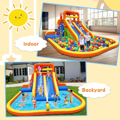 HuaKastro 15.6x15FT Giant Water Slide for Big Kids 5-12, Inflatable Water Park with Big Splash Pool, Dual Tall Slides & 2 Climb Walls for Racing Fun, W/Surprise Water Dump Bucket, Hide&Seek Cave