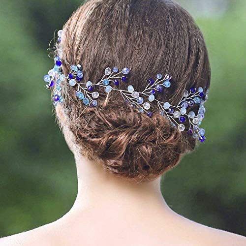 Yean Blue Wedding Headband Crystal Silver Long Hair Vine Baby Wreath Headdress for Bride and Bridesmaid - Thumbnail 3