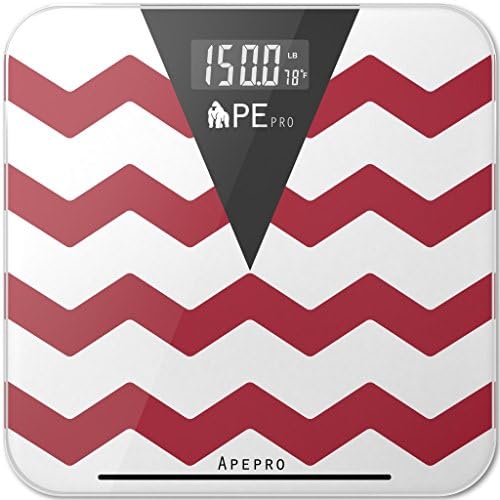 Bathroom Scale, ApePro Chevron Red Precision Digital Tempered Glass body weight scale w/ 3.5" Extra Large Dual Color Backlight Display Thermometer and Smart Step-on Technology, 400lb/180Kg
