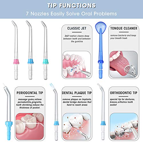 Dental Water Flosser Teeth Cleaner - Zerhunt High Frequency Pulsed Water Pick Electric Oral Irrigator with 7 Interchangeable Nozzles For Braces, Implants, Bridges,600ML Large Capacity White