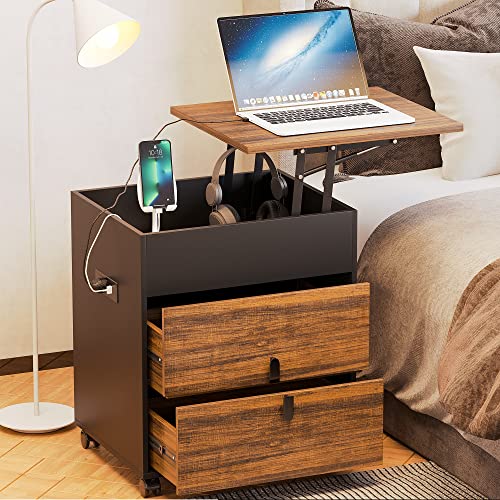 Gurexl Nightstand With Charging Station Modern Overbed Table With 4
