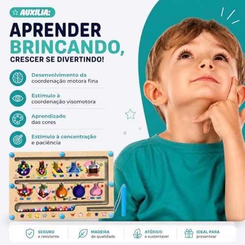 Labirinto Magnético de Madeira Infantil com Cores e Números – Brinquedo Educativo com Caneta Magnética – Coordenação Motora e Reconhecimento de Cores Montisessorial