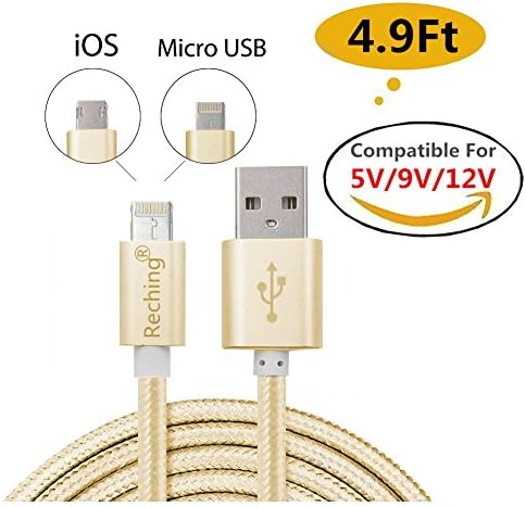 RECHING 2 in 1 8Pin+Micro USB Charger Sync High Speed Data Cable Lightning Cable for iPhone Samsung with 4.9Feet(1.5Meters) Nylon Braided Compatible For 5V/9V/12V Charger (Golden)