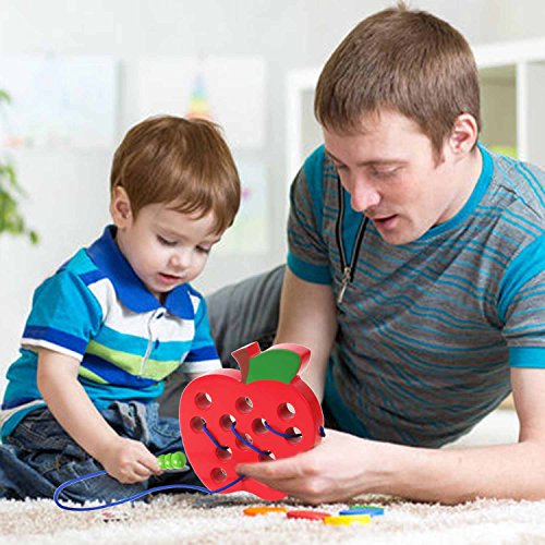 USATDD Wooden Lacing Big Apple Toy Threading Montessori Activity Learning Early Development Educational Wood Block Puzzles Travel Game For Baby Toddler and Kids