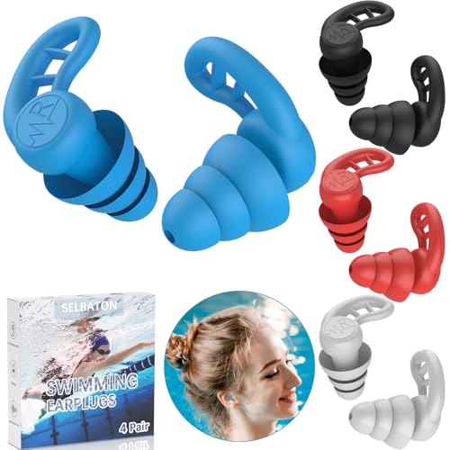 Tapones para los oídos de natación para adultos, 4 pares de tapones para los oídos de silicona reutilizables impermeables para natación, surf, ducha y piscina de agua (Negro, Azul, Rojo, Blanco)