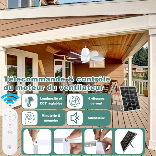 Gliztech Solar Fan with Light, Pavilion Ceiling Fan Lamp, Solar Panel and Remote Control, Suitable for Patio, Parasol, Workshop, Gazebo, Camping Canvas, Terrace.