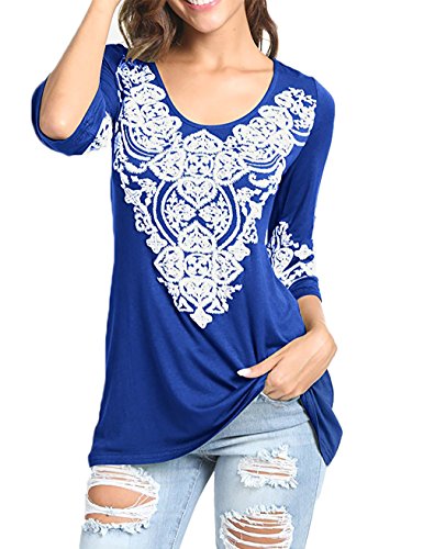 EMVANV Fall Tunics For Women, Teenagers Tshirt Dress Prime Clothes Bohemia Trendy 3/4 Sleeve Tunics For Women To Wear With Leggings,Blue S
