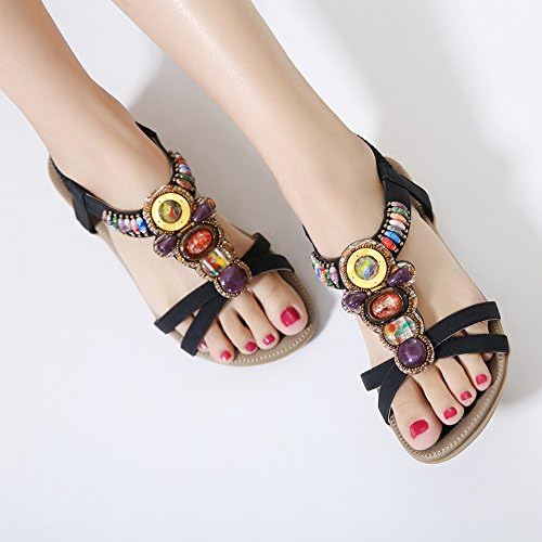 SWQZVT Women's Beaded Rhinestone Bohemian Gladiator Summer T-Strap Flat Sandals Elastic Beach Flip Flops