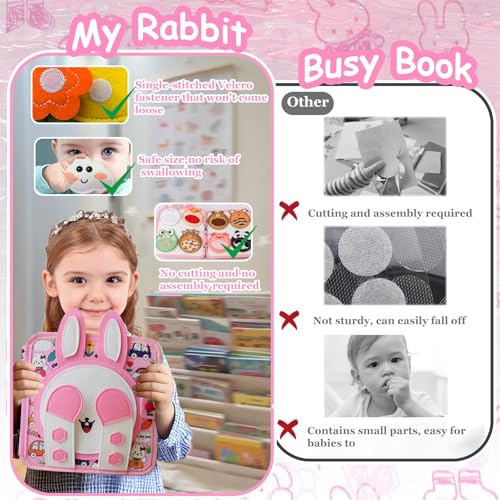 AYSOW Busy Board Montessori Age 1 Year - Busy Montessori Rabbit Book, Portable Sensory Educational Toy, Develops Fine Motor Skills, Travel Toys for Toddlers, Gift Idea for Baby Boy Girl