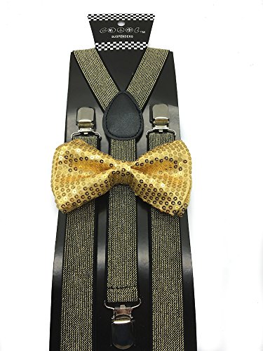 Gold Color Mens & Women Wedding Accessories Sequin Adjustable Bow Tie & Glitter Suspenders