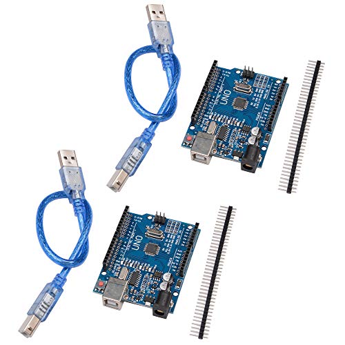 Qunqi 2Packs UNO R3 ATmega328P Development Board for Arduino UNO R3 Microcontroller with USB Cable 2.54mm Pin Header