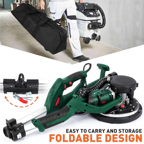 KUIMIT Drywall Sander, 850W Electric Sander with 12 Pcs Sanding Discs, 6 Variable Speed 800-1750 RPM Wall Sander with Extendable Handle, LED Light, Long Dust Hose, Storage Bag