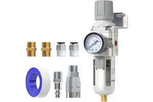 AIRZOE 3/8" NPT Air Filter Regulator Combo Piggyback,5 Micron Brass Element, Semi-Auto Drain,Air Pressure Regulator AW3000-03,0-145 psi Gauge