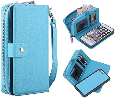 iPhone 6S Plus Wallet Case, Bellivin Large Capacity Zipper Clutch Case with Detachable Folio &amp; Strap, Premium Litchi Pattern Vegan Leather Wristlet for iPhone 6 Plus / 6s Plus