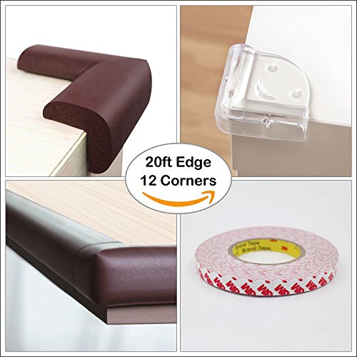 Meiqicool Safe Edge and Corner Guard Set | Furniture Edge Safety Bumpers for Baby | Cushion Foam Protector Kit for Toddlers | 20ft Edge + 12 Corners , Brown , F200804Z