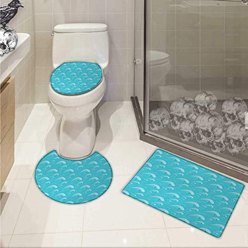 Teal Bathroom Toilet mat Set Waves Pattern in Ocean Summertime Oriental Japanese Style Cartoon Illustration Artwork U-Shaped Toilet Mat Green