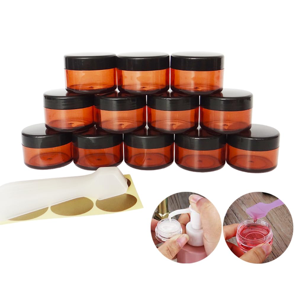 Wopanxye 12pcs 15ml Small Sample Jars, 15 Gram Empty Refillable Cosmetic Container, Plastic Round Pot Black Screw Cap Lid, Tiny 15g Bottle for Makeup Eye-shadow Nails Powder Jewelry, FREE Spatulas