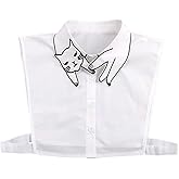 Women Girl Cute Cat Print Half Shirt Blouse Faux Collar Embroidery Cotton White Shirt Fake Collar