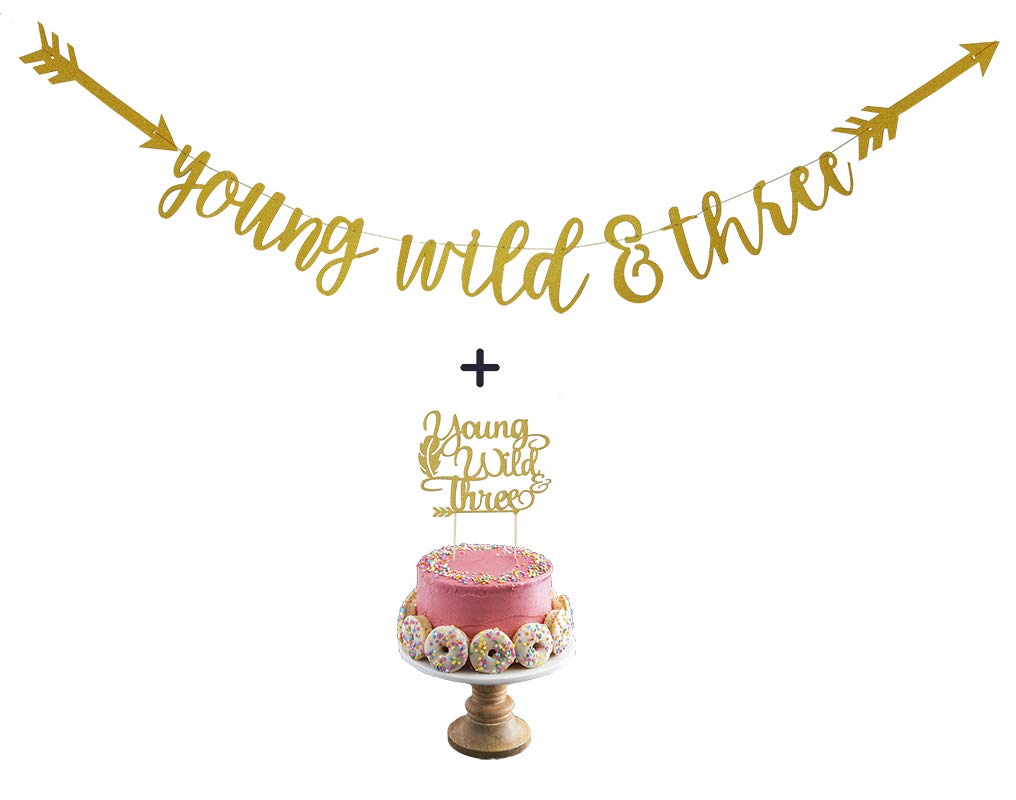 Young Wild & Three Gold Glitter Banner and Cake Toppers for Baby 3rd Birthday Party Decorations by Topfunyy